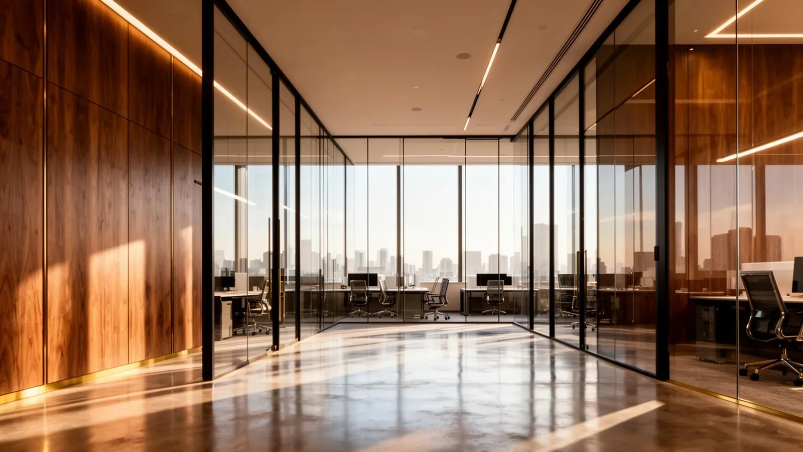 Premium corporate interior with walnut and glass